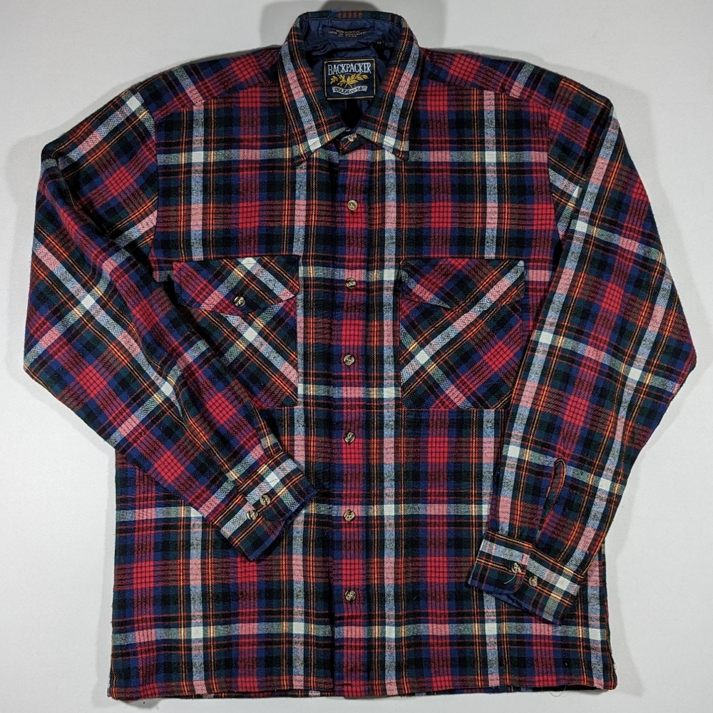 Vintage Backpacker Plaid Flannel Shirt Size Medium 90s Double Pocket Acrylic